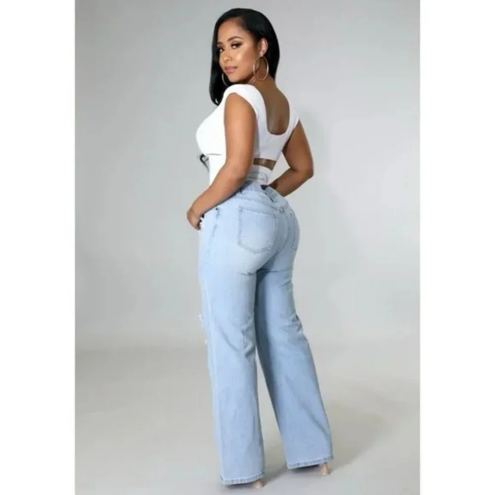 Blue High Waist Ripped Distressed Wide Leg Jeans Denim Pants - Picture 6 of 11